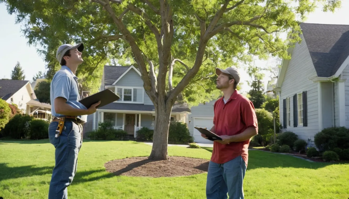 A homeowner talking with a tree provider in a front yard in the Oklahoma City area