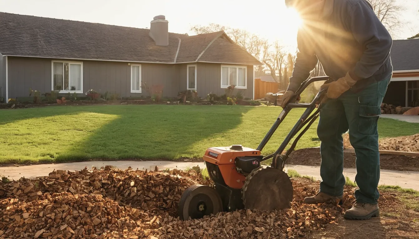 A freshly ground stump area ready for new grass near a home in Oklahoma City