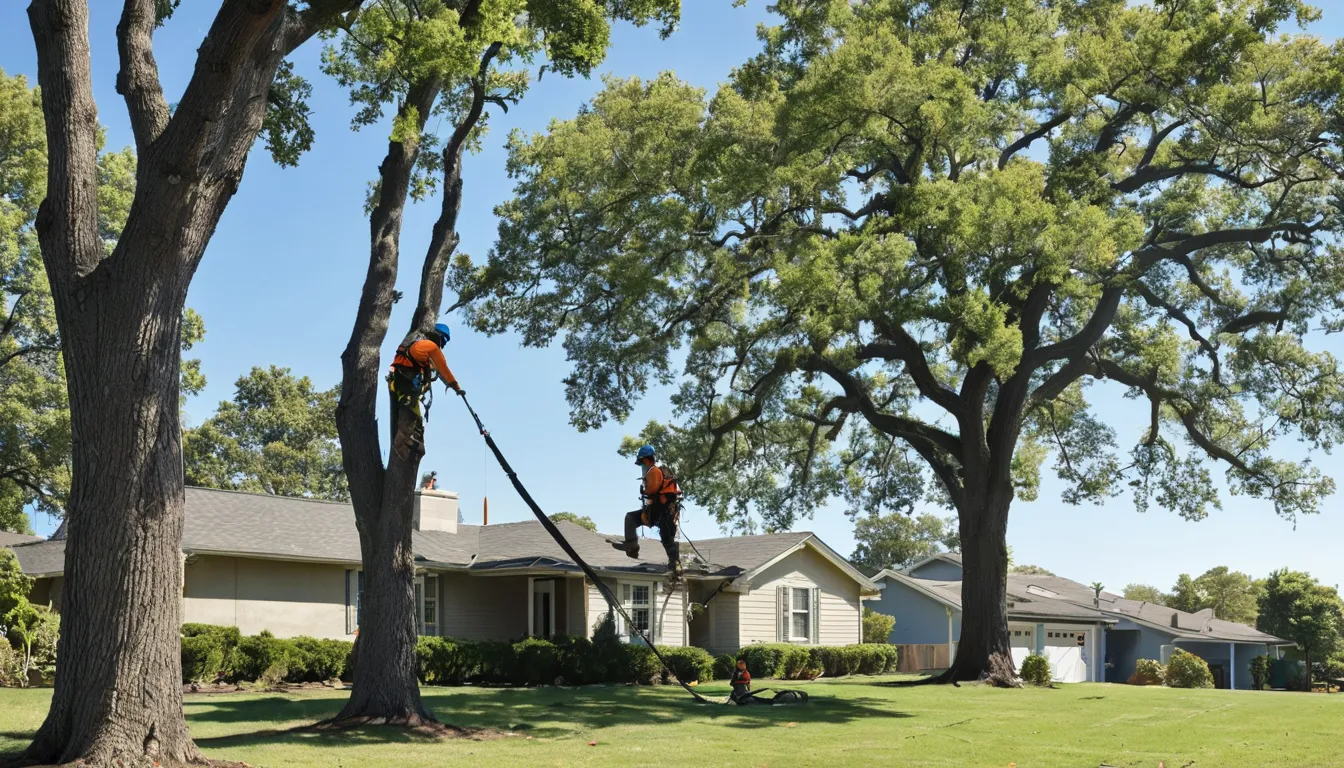 A local tree removal provider lowering a large limb in a Oklahoma City backyard beside a ranch home